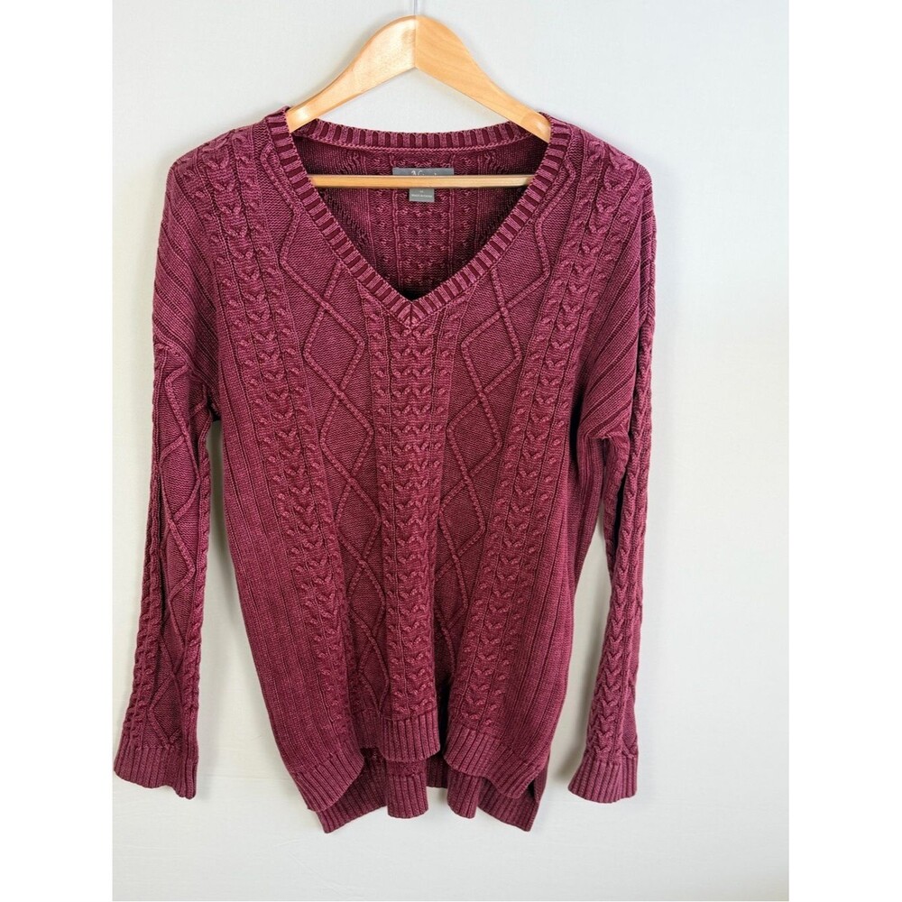 Natural Reflections Cable Knit Sweater Medium Washed Wine V Neck 100% Cotton